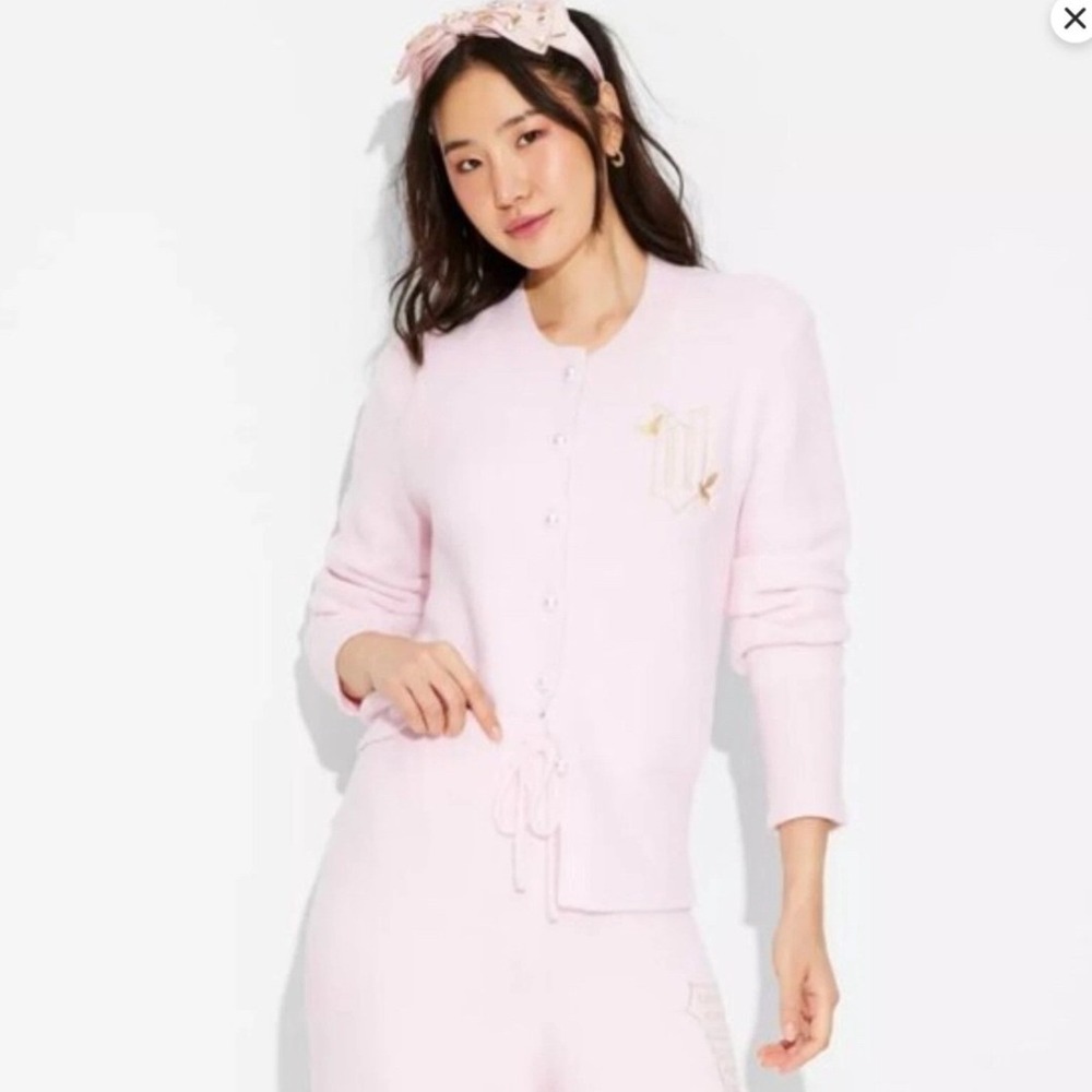 Wicked Glinda Pink Cardigan Womens L New Pearl Buttons Paul Tazewell Embroidery
